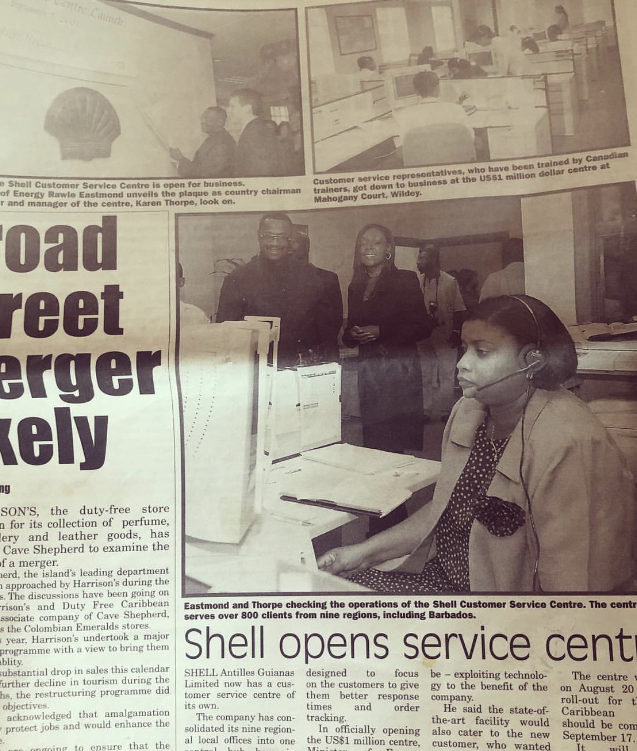 Newspaper coverage from The Nation dated 10 September 2001, showing Karen Thorpe and the Shell Customer Service Centre based in Barbados, which supported the Caribbean and Central America