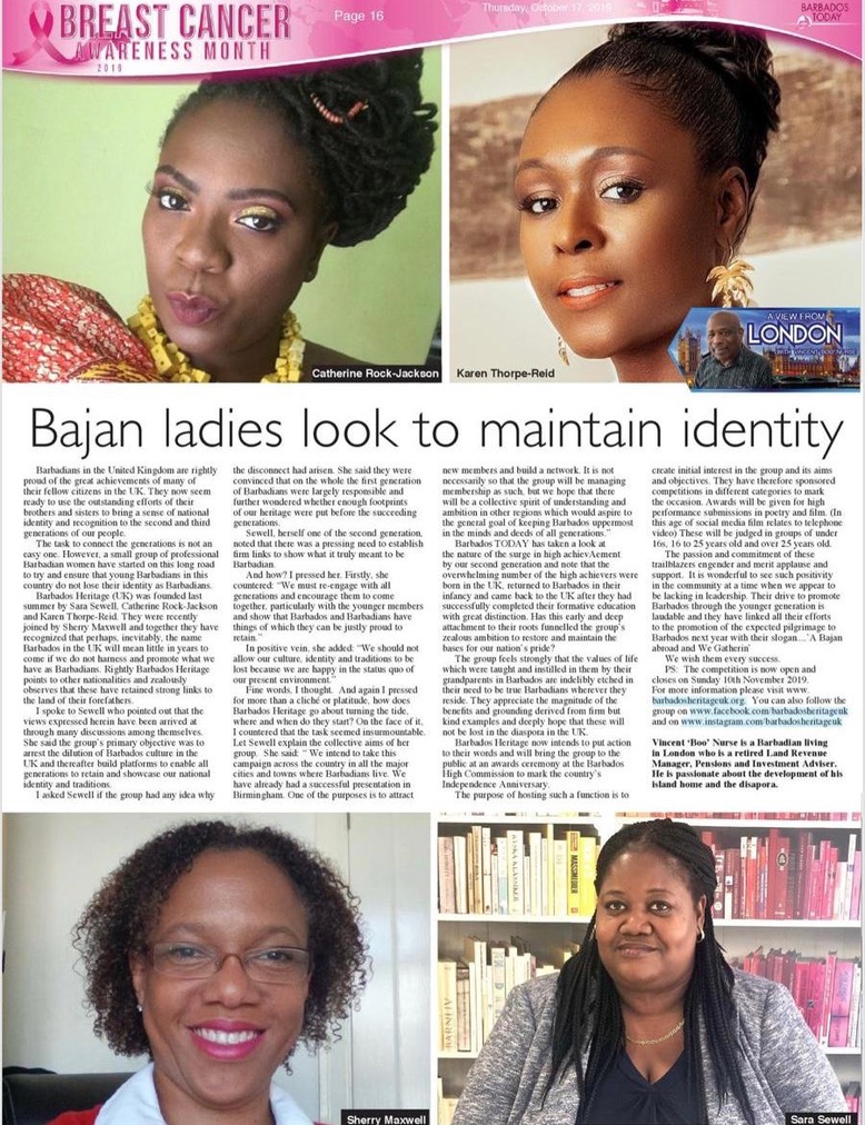 Barbados TODAY feature page 16, 'Bajan ladies look to maintain identity', profiling the founders of Barbados Heritage UK including Karen Thorpe-Reid.