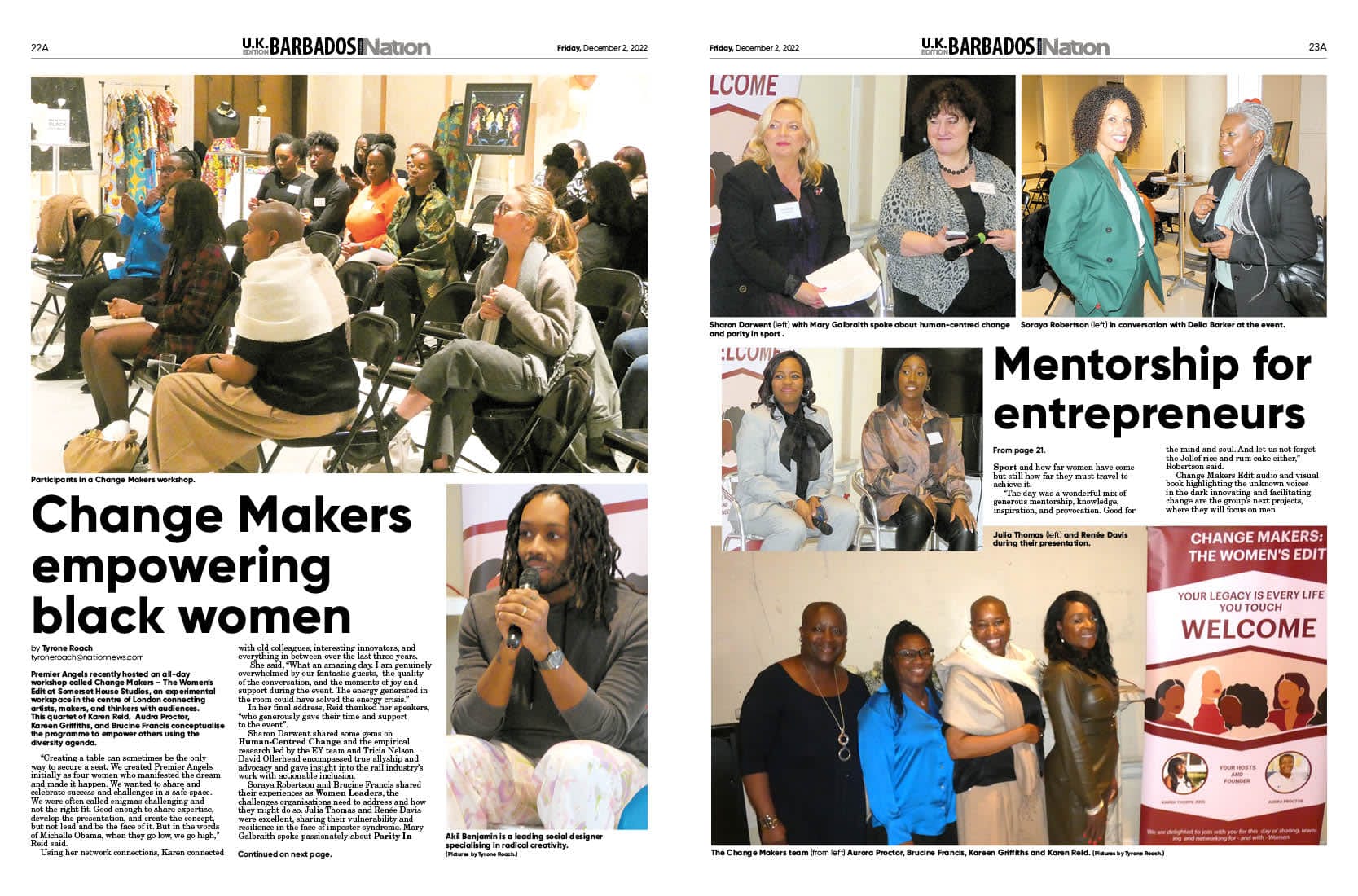 Two-page spread in The Nation covering the Change Makers — The Women's Edit workshop at Somerset House Studios.